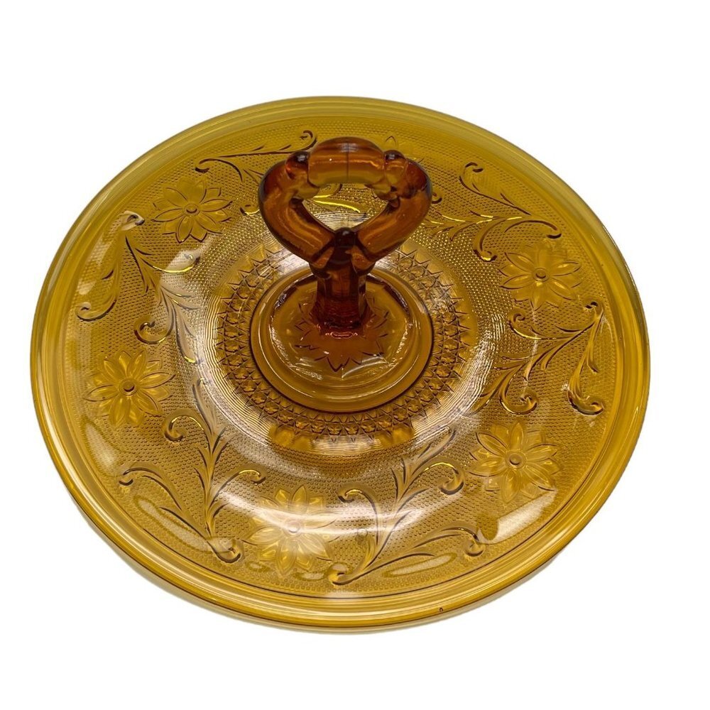 Amber Glass Handled Round Tray Plate or Centerpiece Floral Vine Pattern 12 Inch - Picture 2 of 9